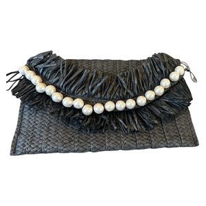 BTB Beyond the Beach Black and Pearl Straw Clutch NWT